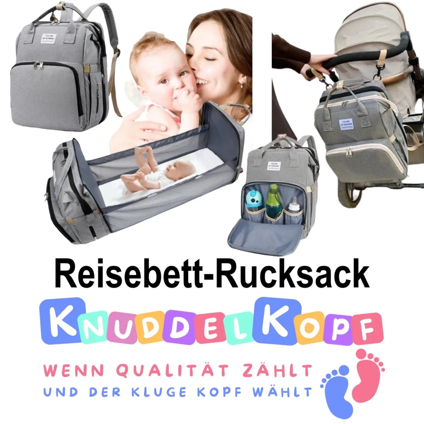 Baby-Reisebett-Rucksack in Grau – Multifunktionaler Babyrucksack und Wickeltasche, ideal für unterwegs mit 16 Taschen, isolierten Flaschenfächern und Kinderwagenbefestigungen. - KnuddelKopf